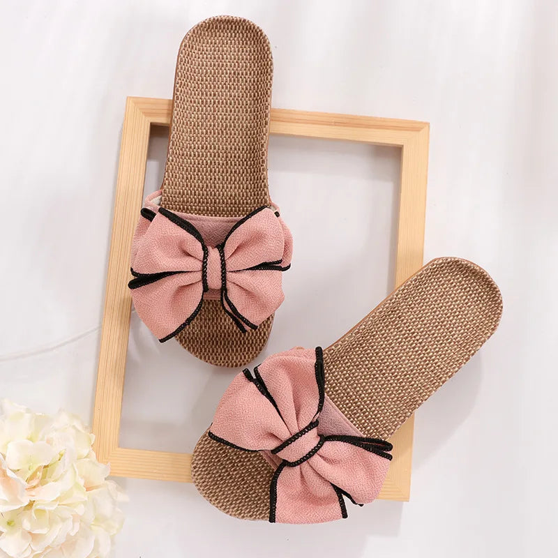 New Butterfly-Knot Home Slippers Summer Cool Eva Slippers Women Linen Belt Slides Female Sandals Flip Flops